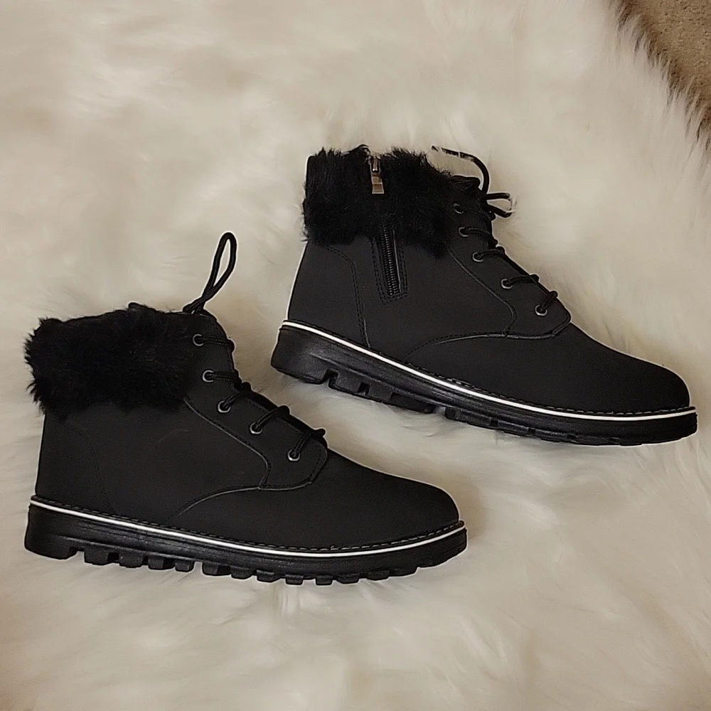 NEW! Polar black faux suede ankle boot fur lined/cuff zip close lace-up 10 NEW …